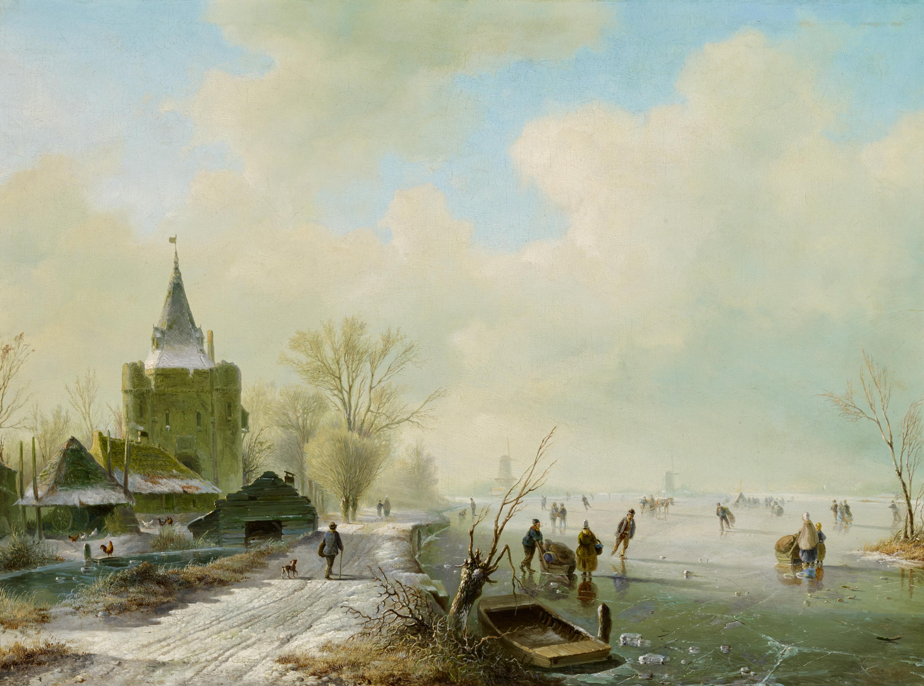 Kruseman, Frederik Marinus1816 Haarlem - 1882 Brüssel - UmkreisWinterszene am Kanal. Öl auf Holz. 45