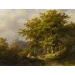 Klombeck, Johann BernhardKleve 1815 - 1893Landschaft mit Waldweg und Burg. Öl auf Holz. 48 x 62cm.