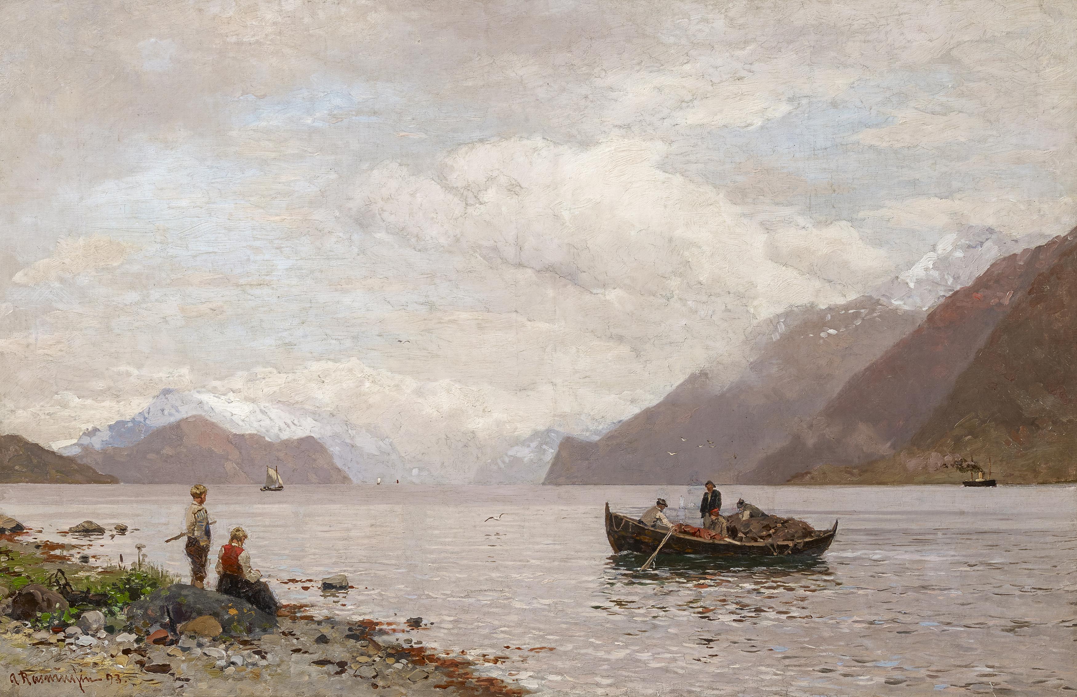 Rasmussen, Georg Anton1842 Stavanger - 1914 BerlinFjordlandschaft. Öl auf Leinwand. 63 x 96cm.