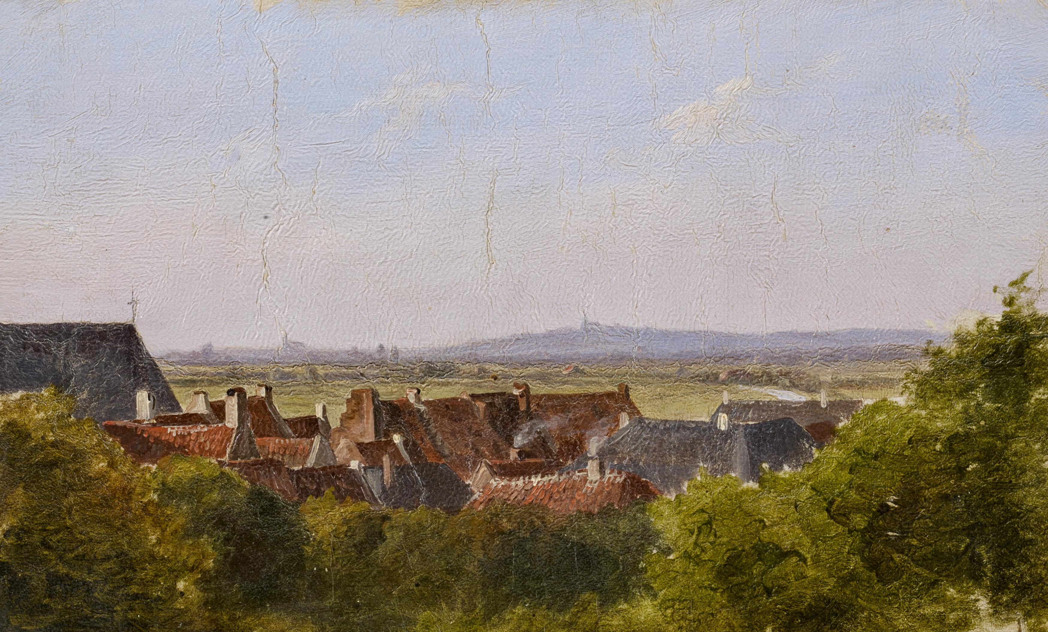 Klombeck, Johann BernhardKleve 1815 - 1893Blick über die Dächer von Kleve auf Hochelten. Öl auf