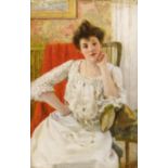 Stetten, Carl Ernst vonAugsburg 1857 - 1942Sitzende junge Dame mit langer Halskette. Öl auf Holz.