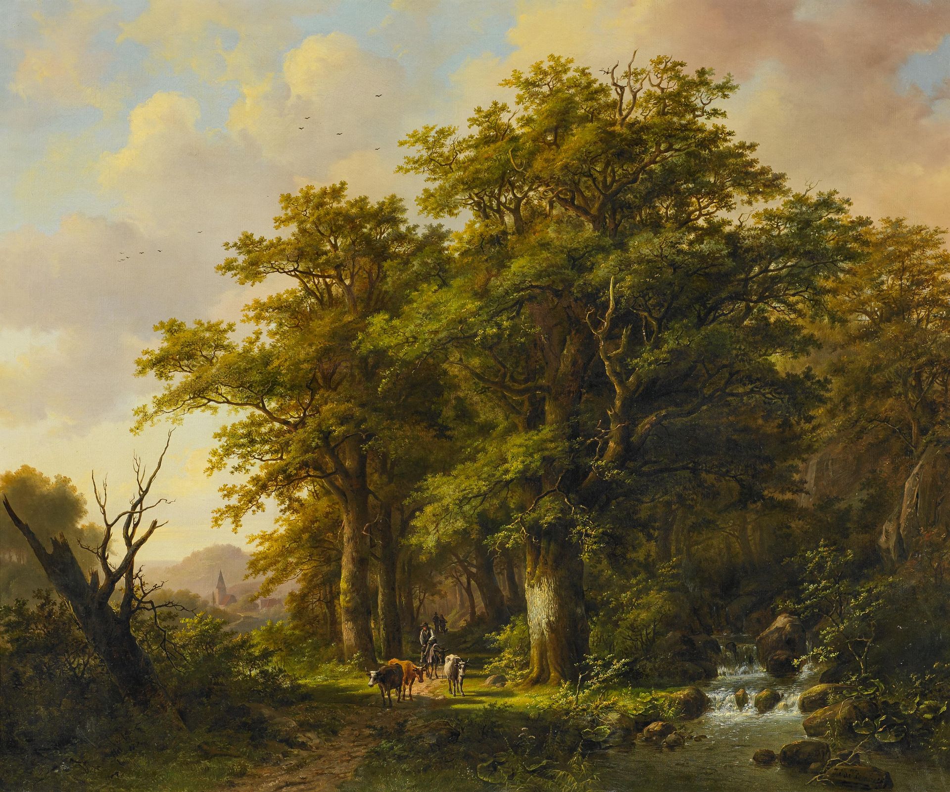 Klombeck, Johann BernhardKleve 1815 - 1893Waldlandschaft mit heimkehrenden Bauern. Öl auf