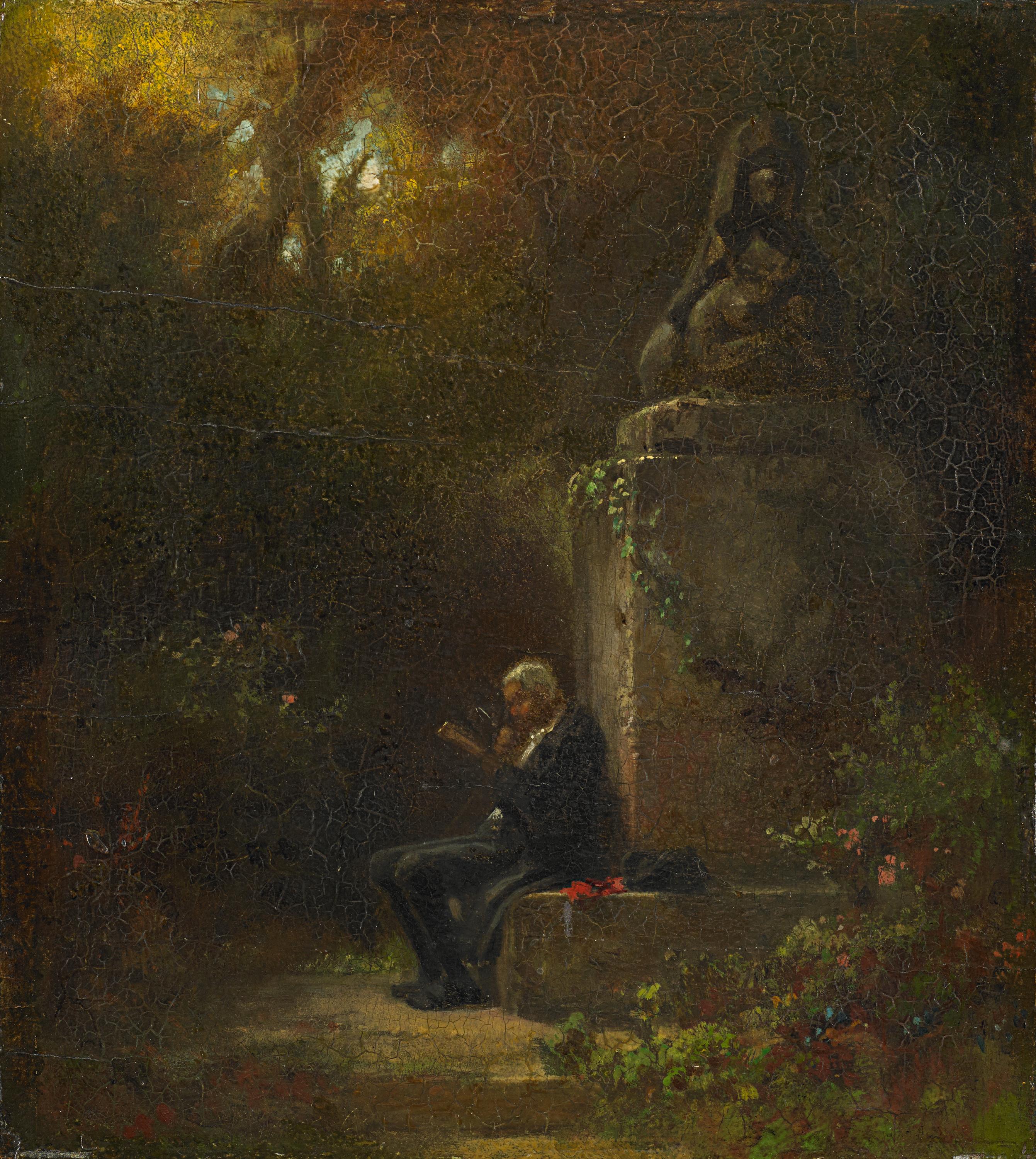 Spitzweg, CarlMünchen 1808 - 1885"Philosoph im Garten mit Sphinx". Öl auf Papier. Auf Holz gelegt.