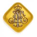 DIAMANT-BROSCHE. Deutschland, um 1880. Messing, 750/- Gelbgold vergoldet, Glaseinlage,