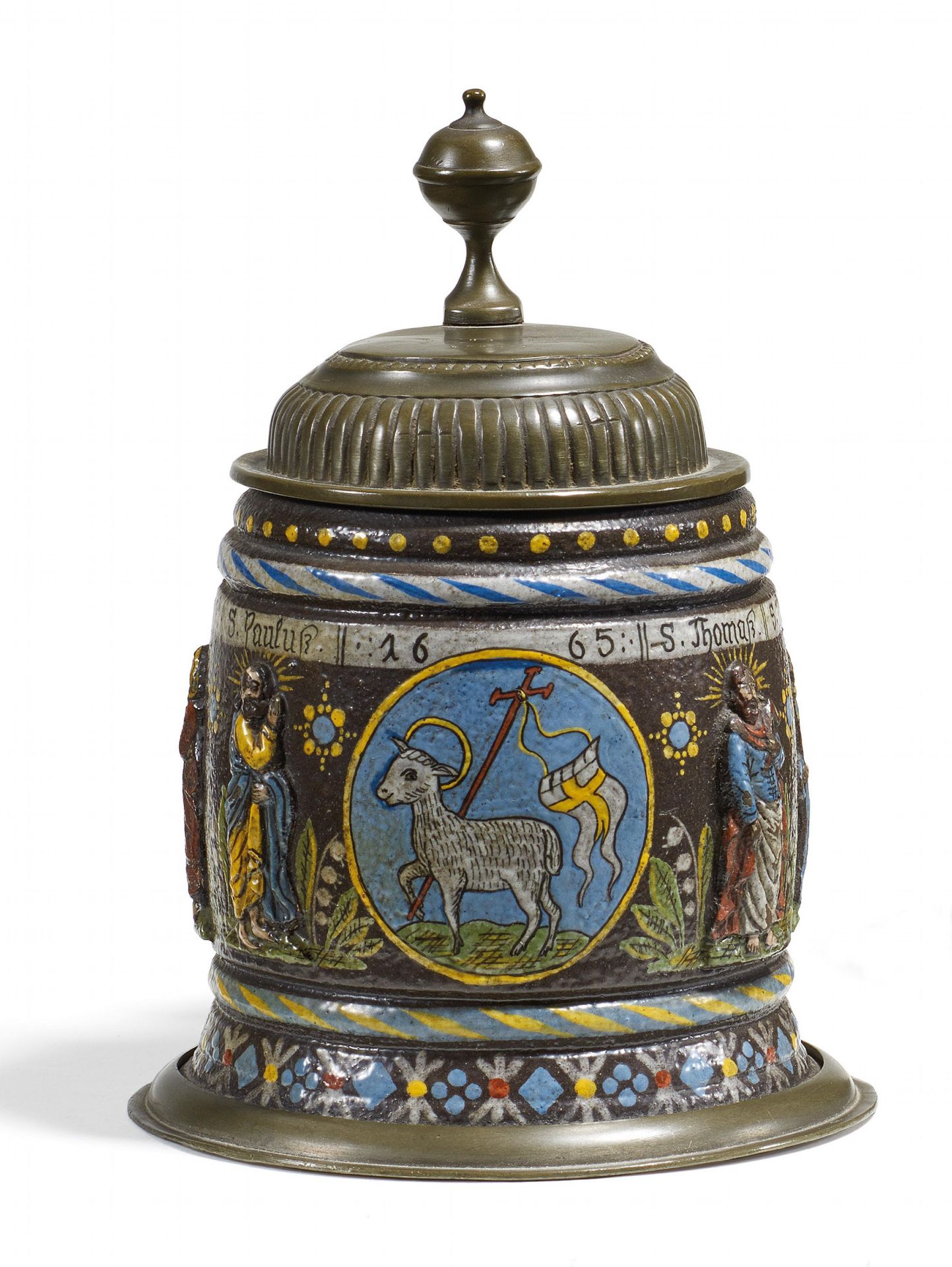 zurückgezogenSMALL STONEWARE APOSTLE TANKARD WITH THE LAMB OF GOD. Creussen. Dated 1665. Brown,