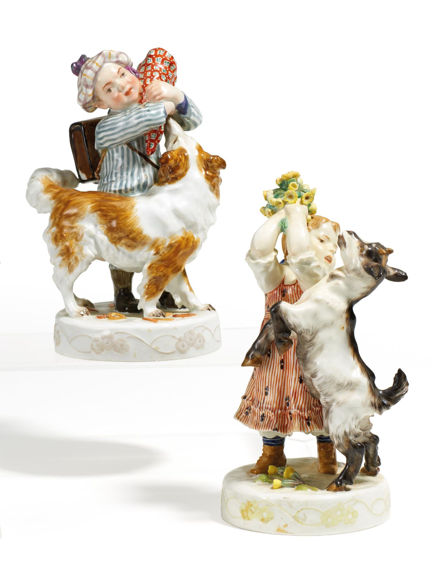 KNABE MIT HUND UND MÄDCHEN MIT ZIEGE. Meissen. Vor 1924. Modelle E. Hösel, 1905-1910. Porzellan,