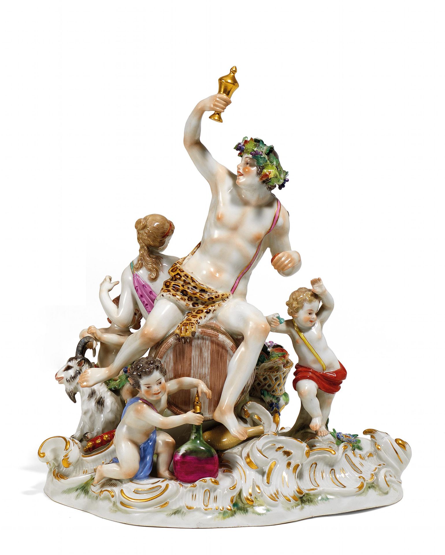 GRUPPE BACCHANAL. Meissen. Vor 1924. Modell J.J. Kaendler und F.E. Meyer. Porzellan, farbig und gold