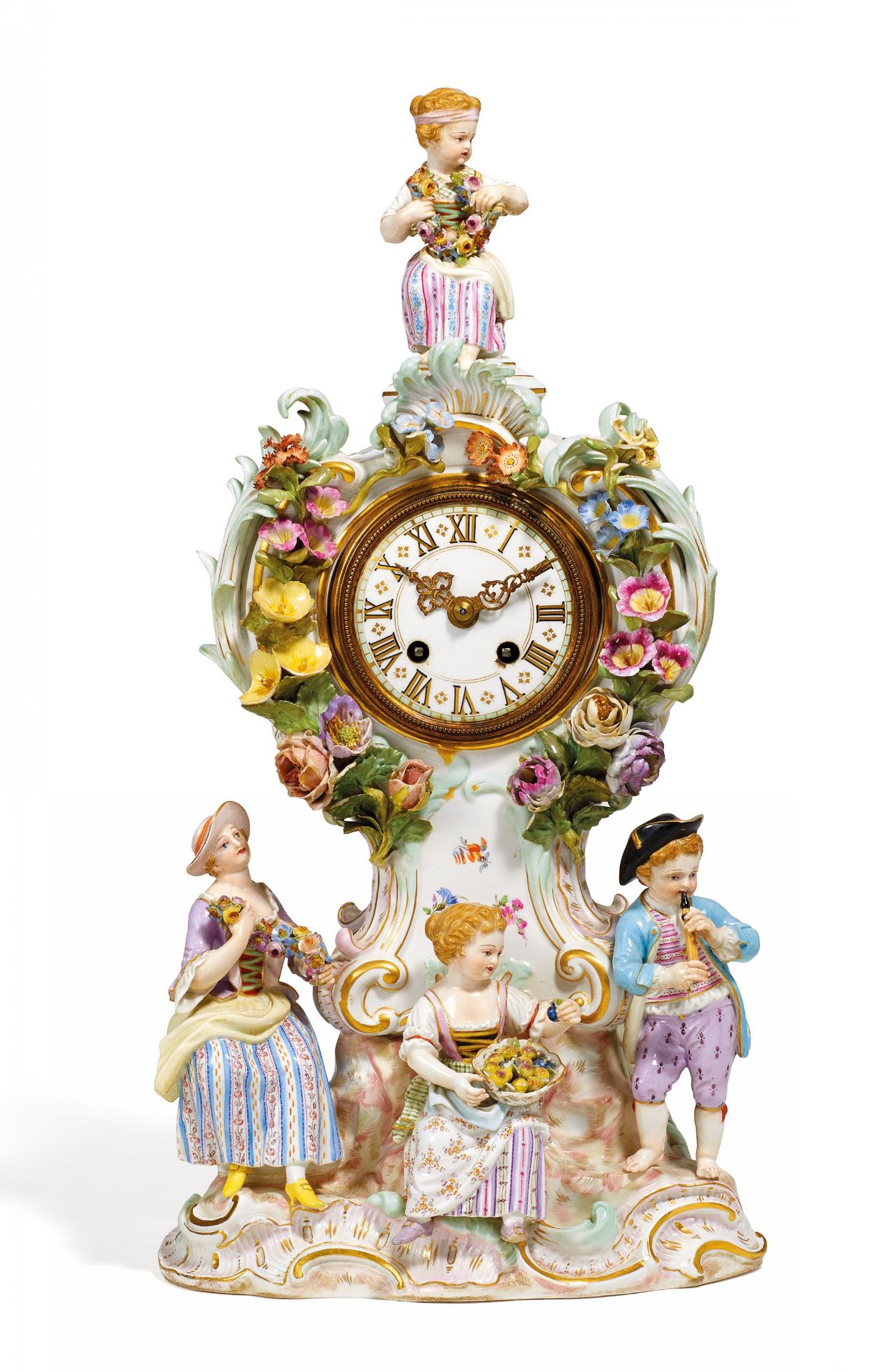 PENDULE MIT GÄRTNERKINDERN. Meissen. Vor 1924. Modell E.A. Leuteritz. Porzellan, farbig und gold