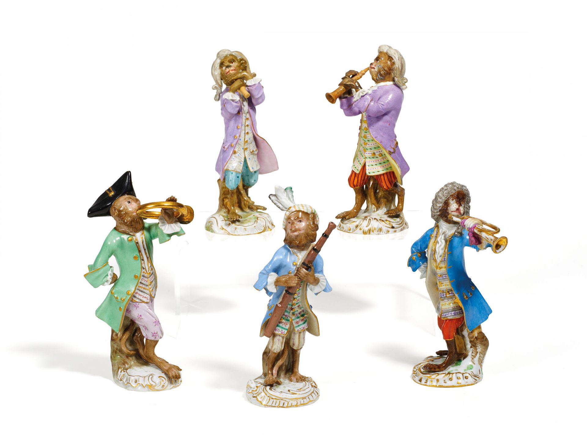 5 FIGUREN AUS DER AFFENKAPELLE. Meissen. 19. Jh. bis 1924. Modelle J.J. Kaendler. Porzellan,