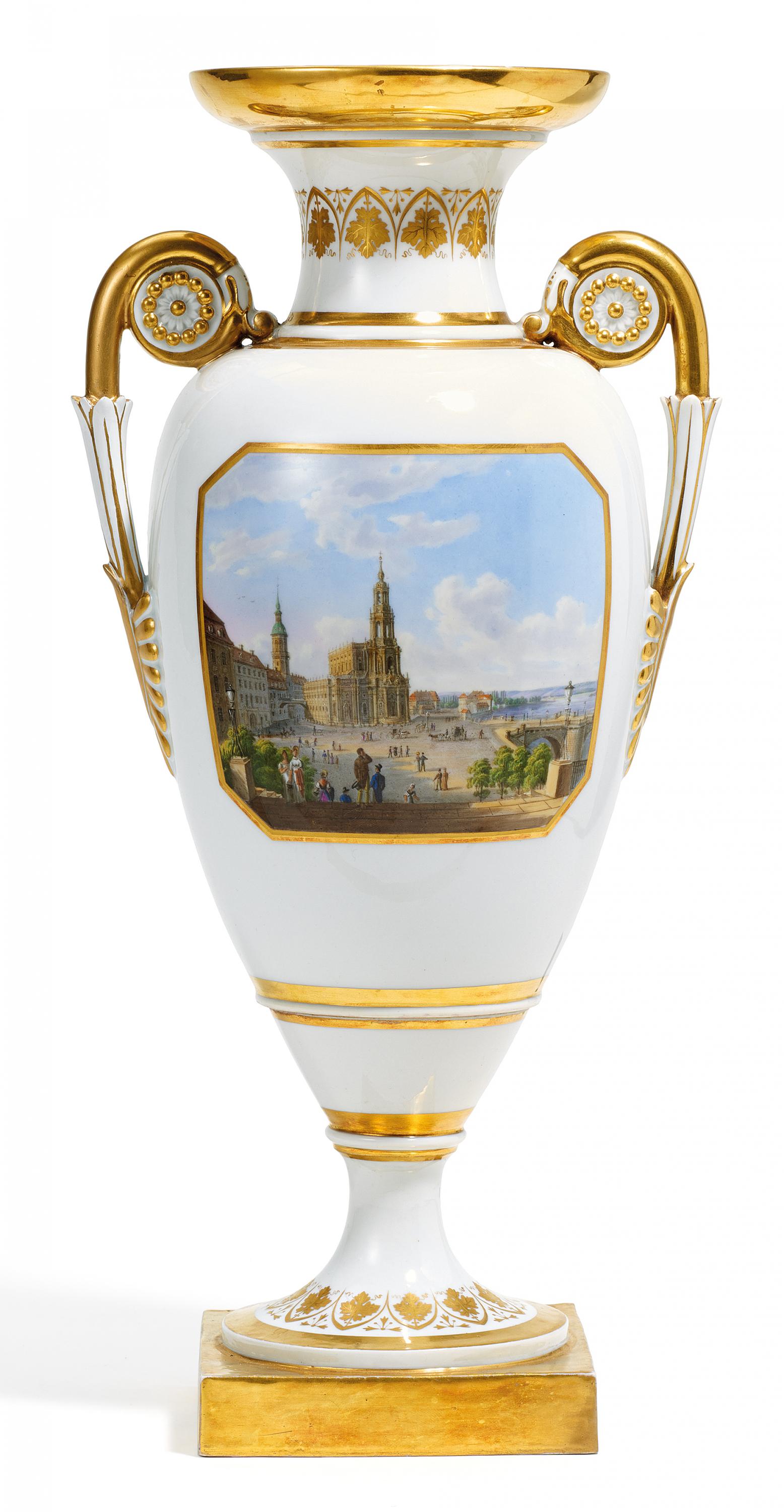 VASE MIT ANSICHT DER BRÜHLSCHEN TERRASSEN IN DRESDEN. Meissen. 19.Jh. Porzellan, farbig und gold