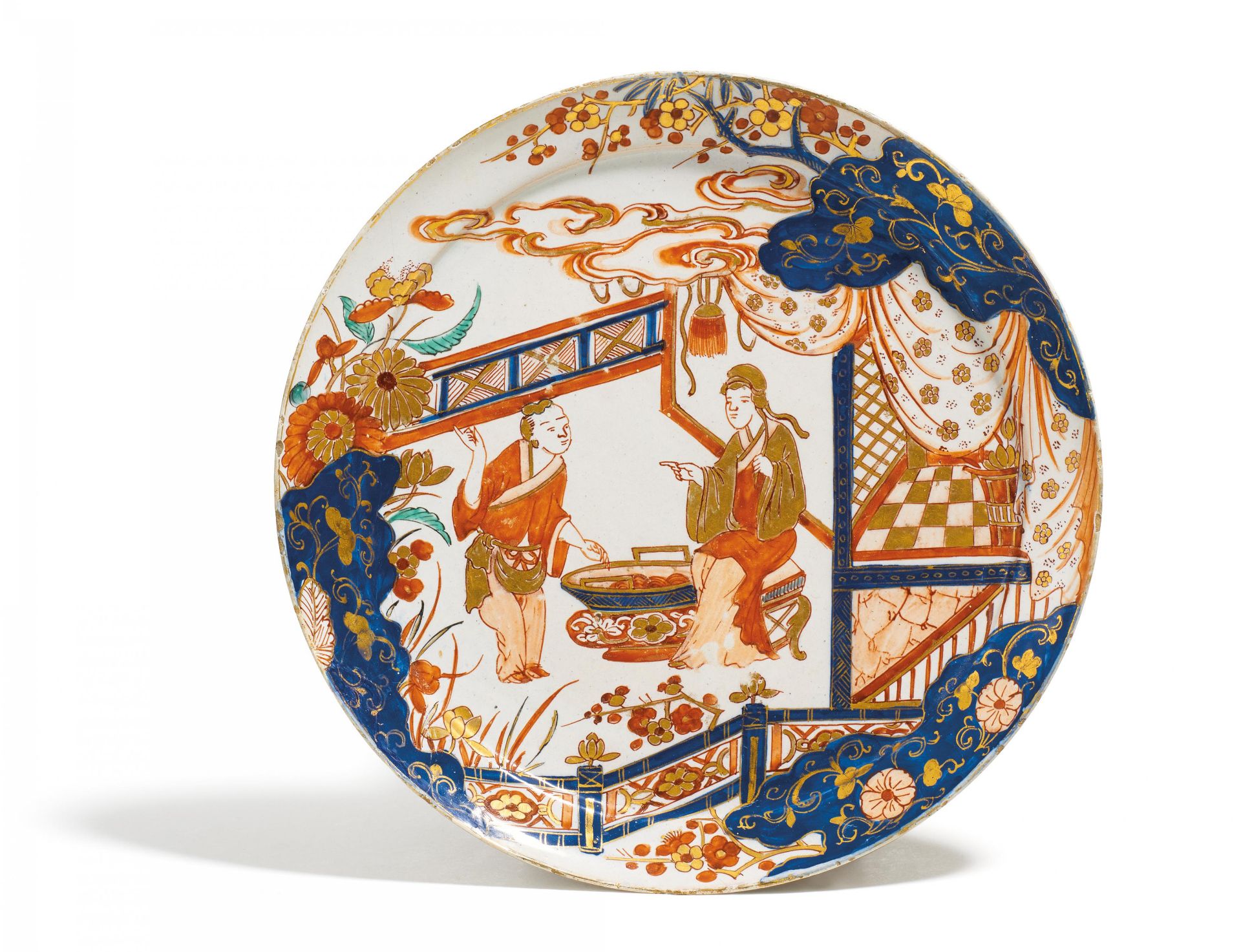 TELLER MIT CHINOISERIE. Delft. Um 1701-22. De Grieksche A. Beiger Scherben, weiße Glasur mit