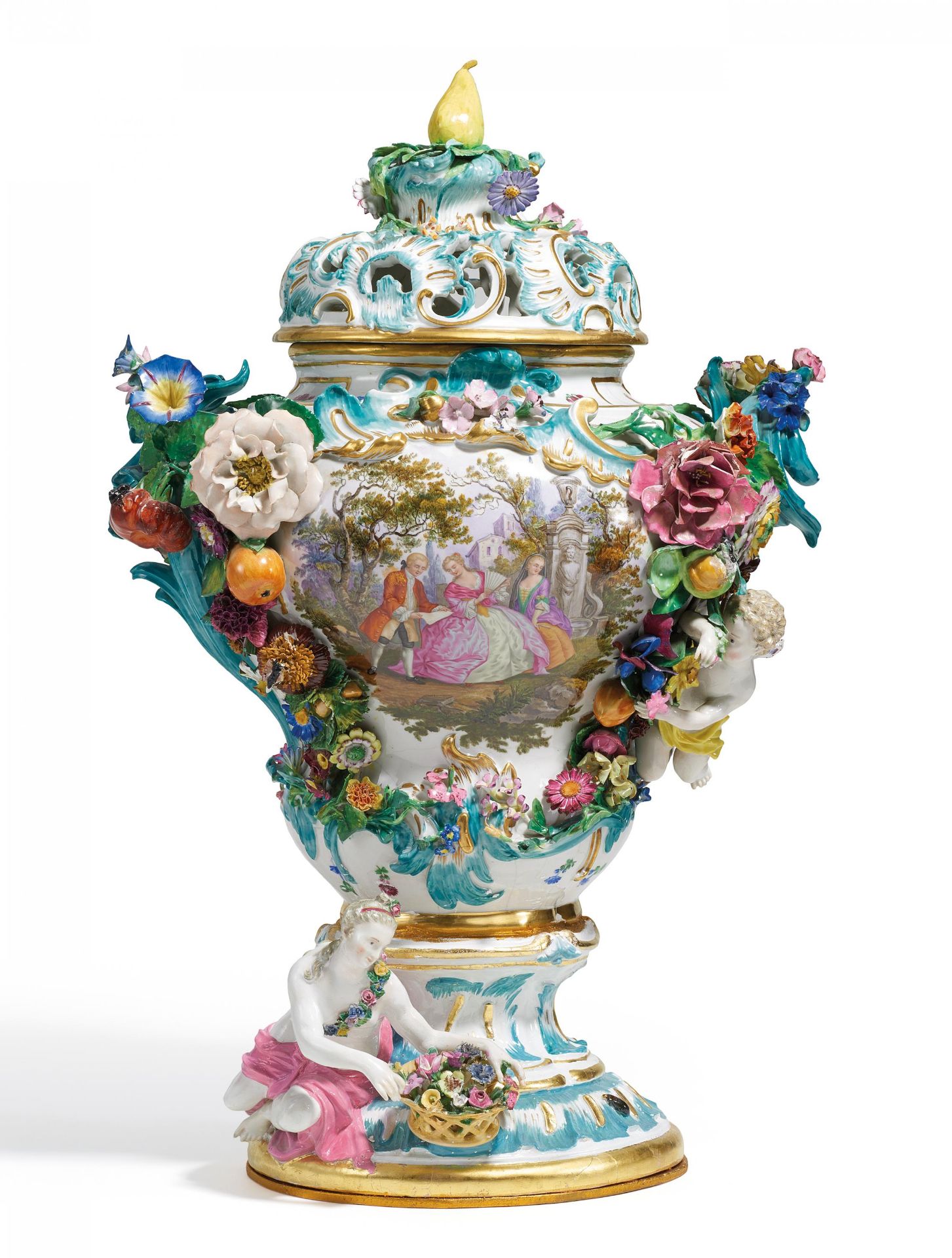 MONUMENTALE POTPOURRI-VASE "FLORA UND AMOR". Meissen. 19. Jh. Modell J.J. Kaendler. Porzellan,