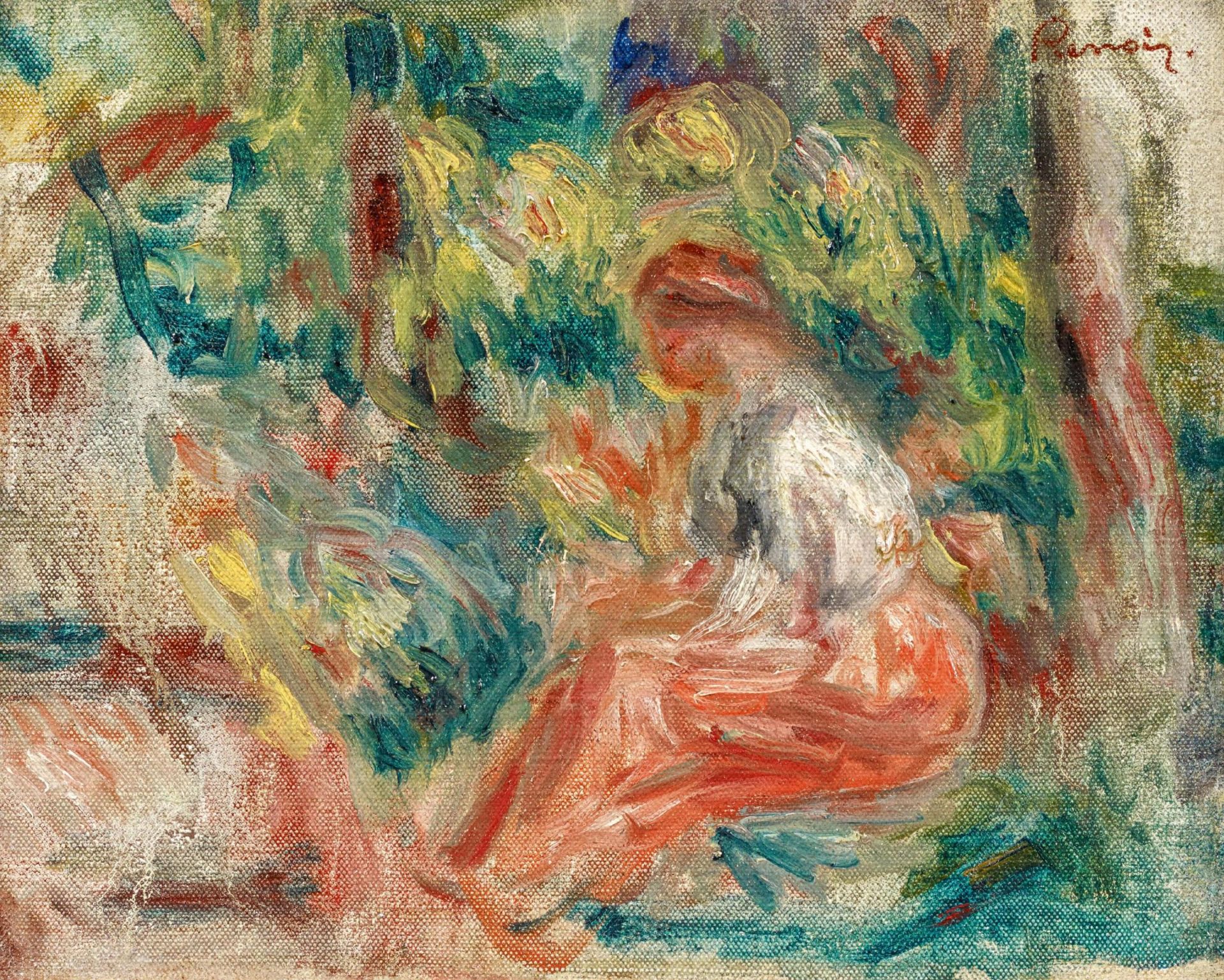 Renoir, Pierre-Auguste1841 Limoges - 1919 Cagnes/NizzaJeune fille assise dans un Jardin. Öl auf