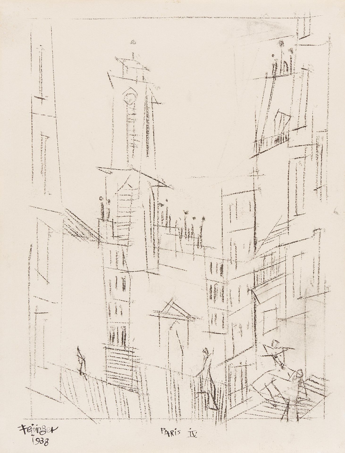 Feininger, LyonelNew York 1871 - 1956PARIS IV. 1938. Kohlezeichnung auf Maschinenbütten. 32 x 24,