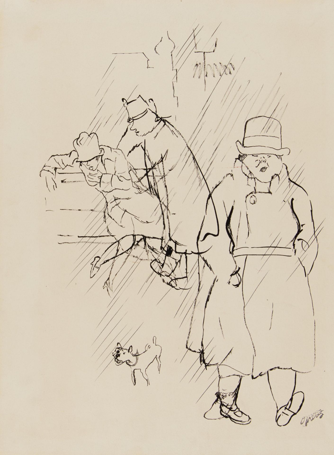 Grosz, GeorgeBerlin 1891 - 1959NACHHAUSE. Ca. 1928. Tuschefederzeichnung auf Büttenkarton. 50 x