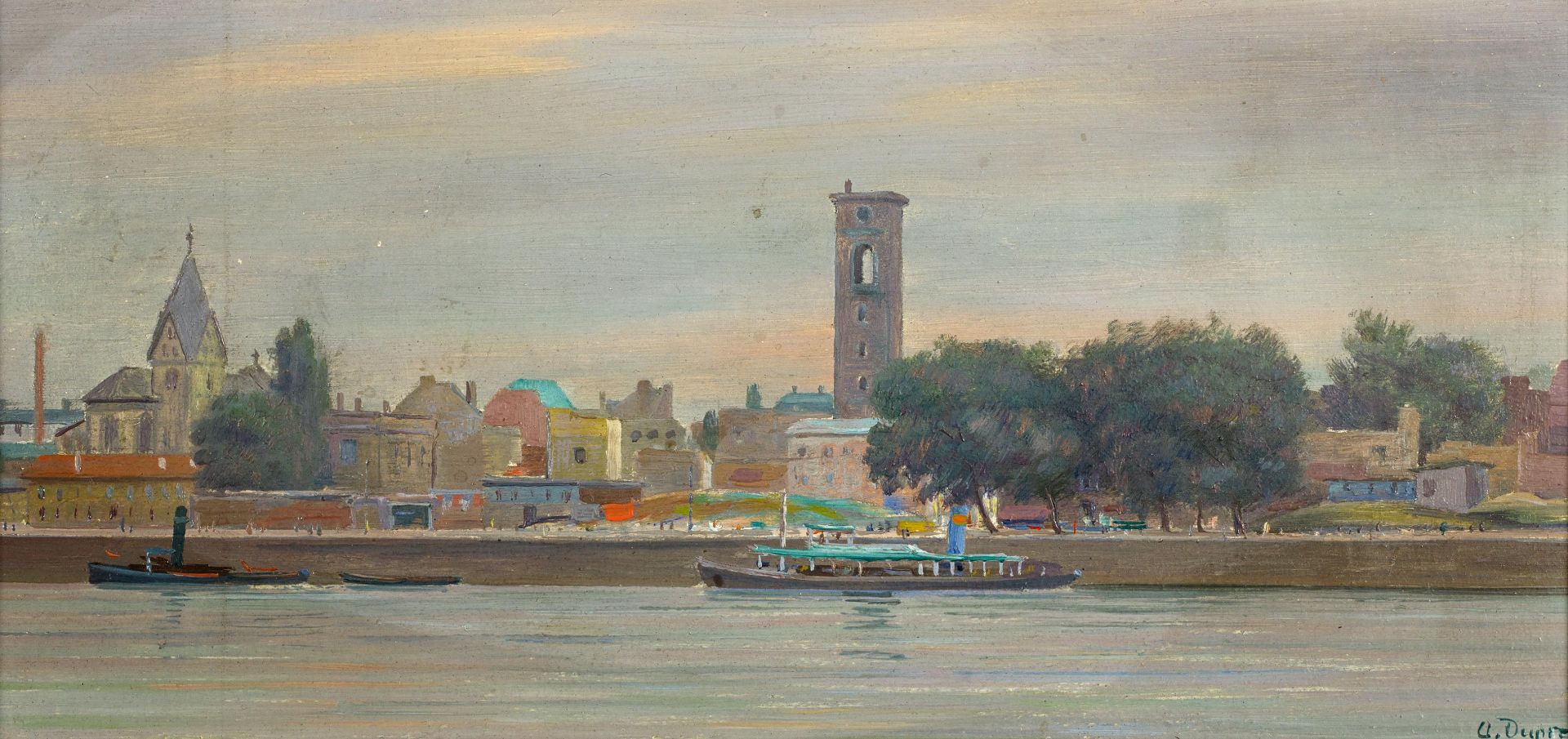 Dupré, Alfred1904 Köln - 1956 MünchenStadtansicht vom Fluss aus. Öl auf Hartfaser. 11,5 x 24cm.