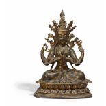 GROßER SHADAKSHARI LOKESHVARA. Sino-tibetisch. Bronze mit Resten von Vergoldung. Der vierarmige