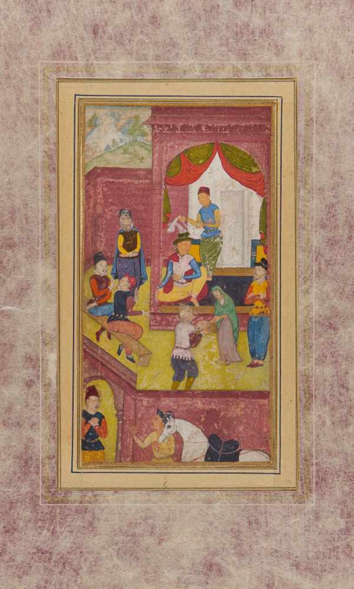 PALASTSZENE IM WESTEN. Moghul-Indien. 18. Jh. Pigmente und Gold auf Papier. Hinter einer Mauer mit