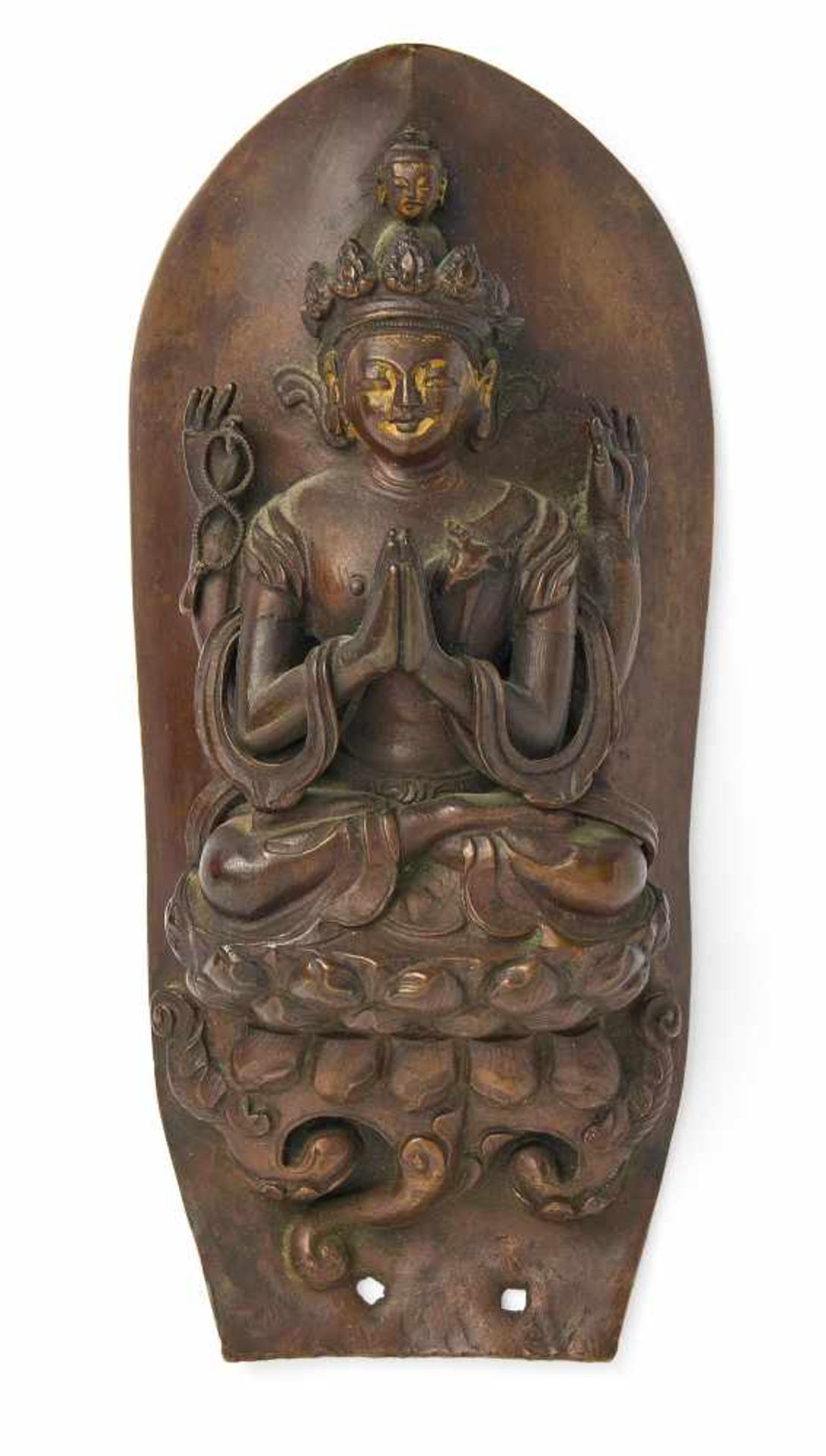 LOTOSBLATT MIT SHADAKSHARI LOKESHVARA. Sinotibetisch. 16./17. Jh. Kupferbronze in Repoussé mit