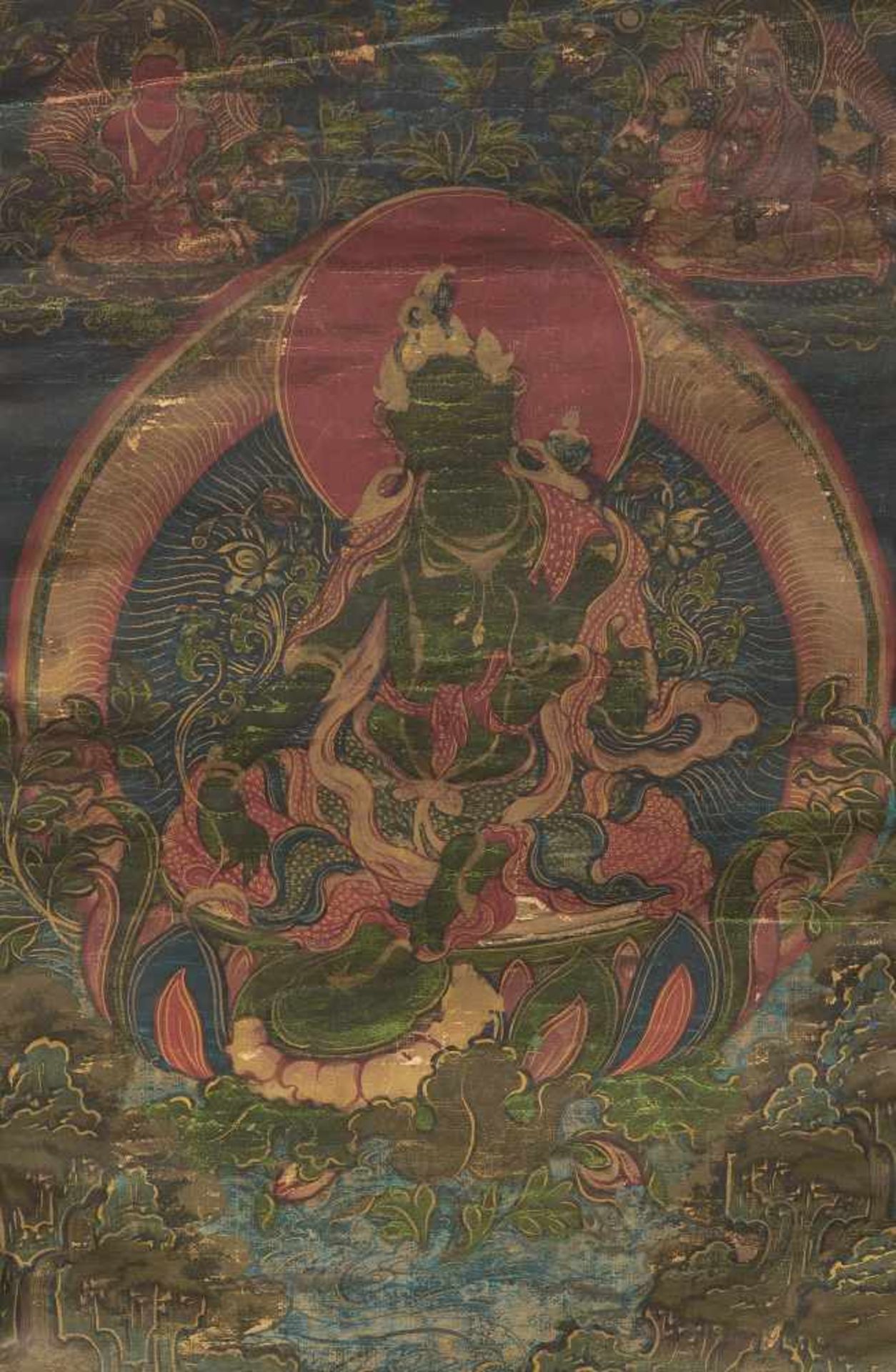 THANGKA DER GRÜNEN TARA. Bhutan. 19. Jh. Pigmente und Gold auf grundiertem Gewebe. 33 x 22cm, gesamt