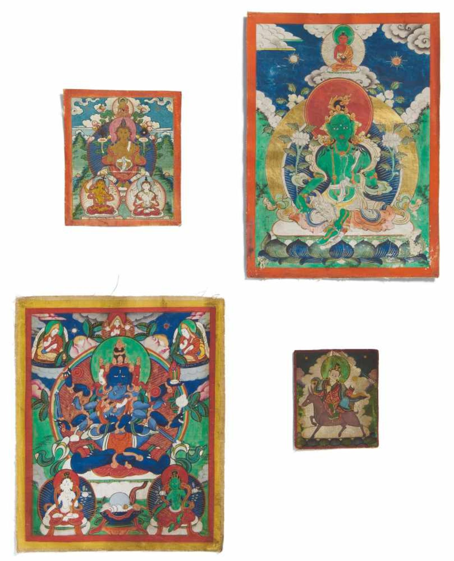 ZWEI MINIATUR-THANGKA UND ZWEI TSAKLI. Mongolei/Tibet. 18./19. Jh. Pigmenten und Gold auf