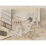 KITAGAWA, UTAMARO I.1753 - 1806 - zugeschrieben. Shunga-Holzschnitt: Liebespaar auf Veranda.