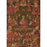 THANGKA DES BUDDHA SHAKYAMUNI MIT DEM SIEBTEN DALAI LAMA. Tibet. 18. Jh. Pigmente und Gold auf