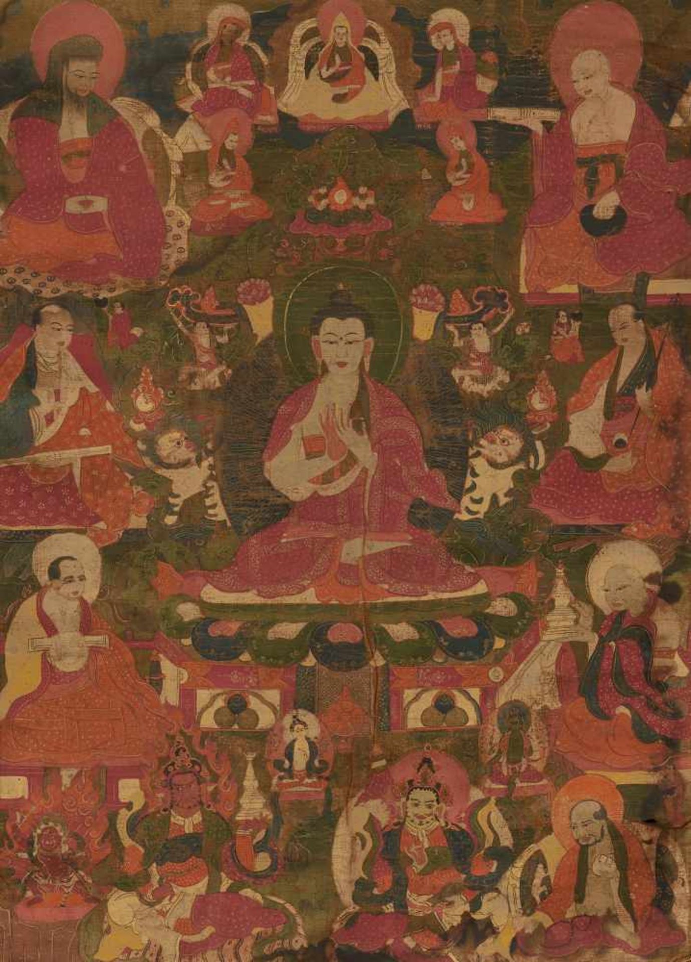 THANGKA DES BUDDHA SHAKYAMUNI MIT DEM SIEBTEN DALAI LAMA. Tibet. 18. Jh. Pigmente und Gold auf