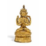 SHADAKSHARI LOKESHVARA. Sino-tibetisch. Ca. 17. Jh. Kupferbronze mit Feuervergoldung. Sitzend in