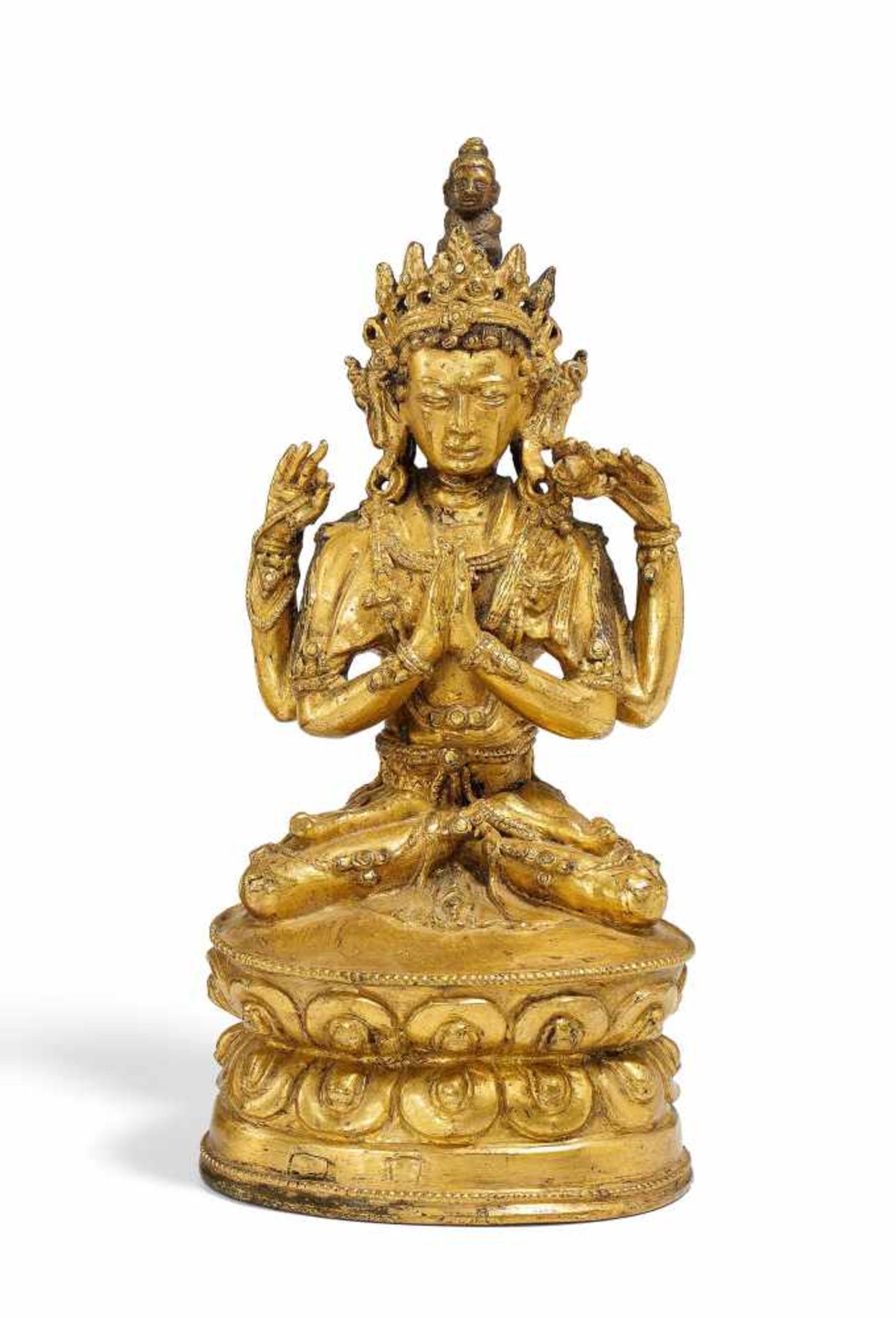 SHADAKSHARI LOKESHVARA. Sino-tibetisch. Ca. 17. Jh. Kupferbronze mit Feuervergoldung. Sitzend in