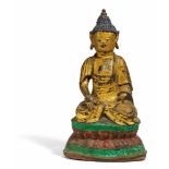 BUDDHA SHAKYAMUNI. China. Ming-Dynastie. Bronze mit Vergoldung, Haare, Mund, Gewandfalten und Sockel