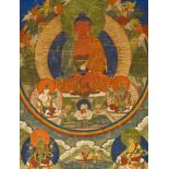 THANGKA DES BUDDHA AMITABHA IN SEINEM WESTLICHEN PARADIES. Tibet/Nepal. 19./20. Jh. Pigmente und