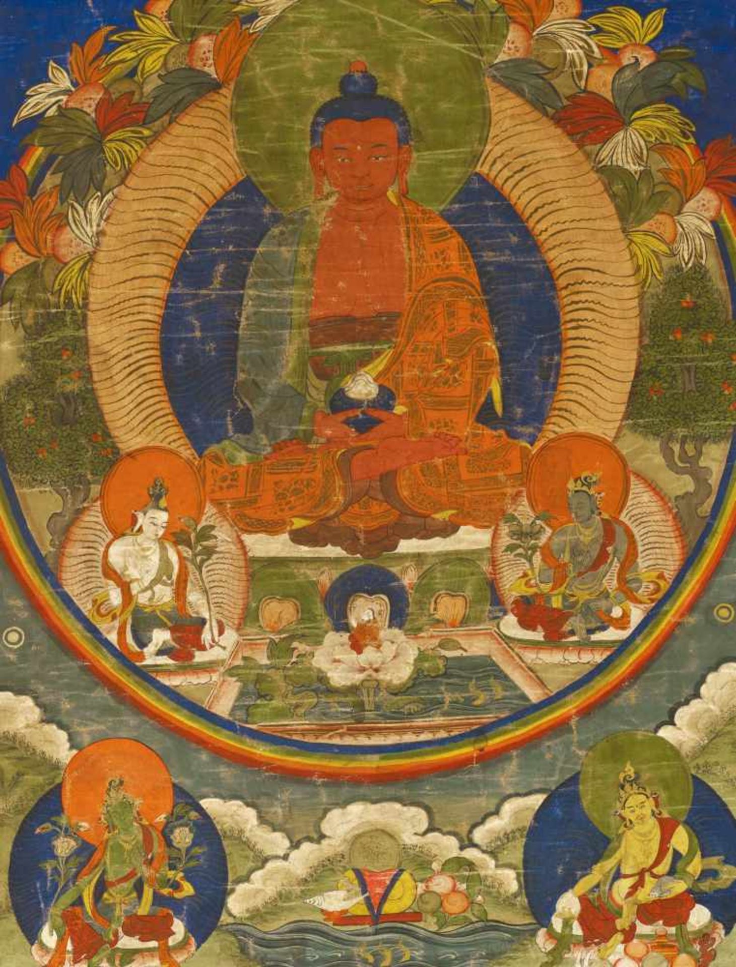 THANGKA DES BUDDHA AMITABHA IN SEINEM WESTLICHEN PARADIES. Tibet/Nepal. 19./20. Jh. Pigmente und