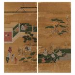 ZWEI TEILE AUS EINEM STELLSCHIRM MIT SAMURAI UND DAMEN. Japan. Frühe Edo-Zeit. 17. Jh. Tusche,