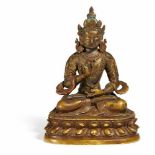 BUDDHA AMOGHASIDDHI. Sinotibetisch. 18. Jh. Bronze, fein graviert, mit Resten von Vergoldung und