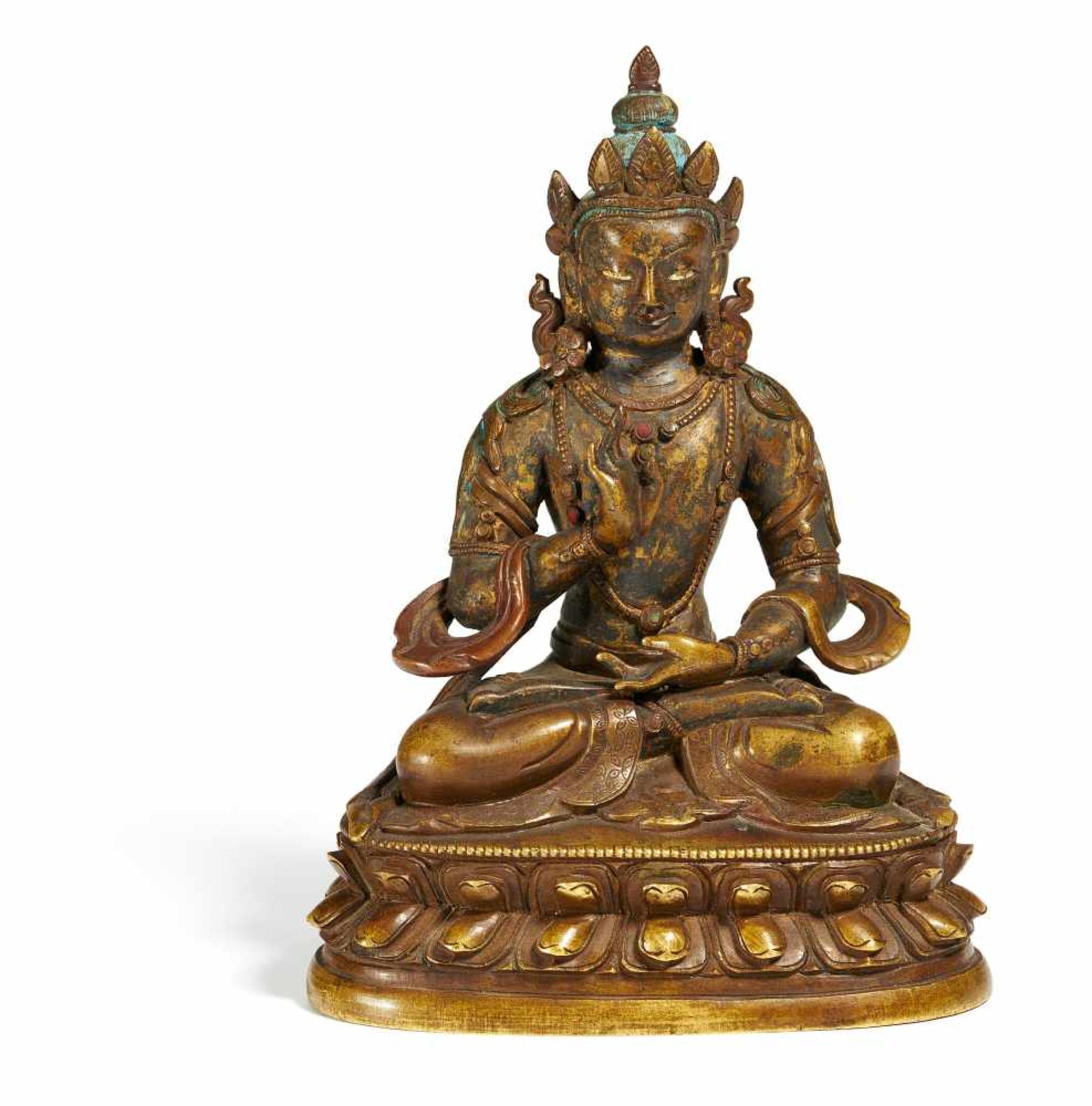 BUDDHA AMOGHASIDDHI. Sinotibetisch. 18. Jh. Bronze, fein graviert, mit Resten von Vergoldung und