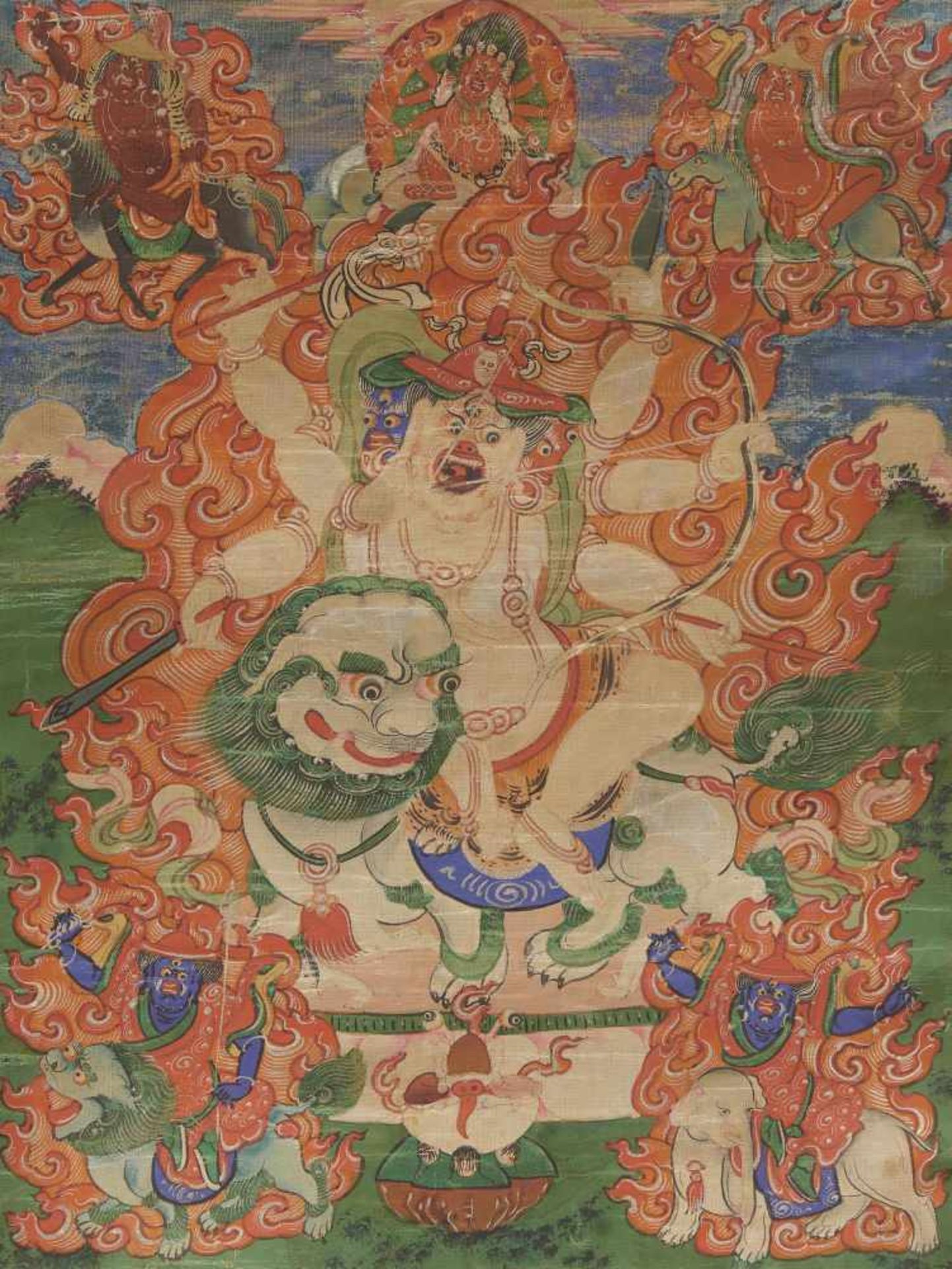 SELTENES THANGKA DES PEHAR GYALPO. Mongolei. 18./19. Jh. Pigmente und Blattmetall auf grundiertem