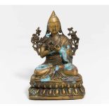 TSONGKHAPA AUF LOTOSSOCKEL. Mongolei. Bronze mit Resten von Vergoldung. G.1392g, H.20,3cm. Zustand