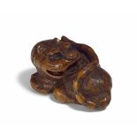 NETSUKE: HOCKENDER TIGER. Japan. Edo-Zeit. 18./19. Jh. Buchsbaum, geschnitzt und graviert, Augen