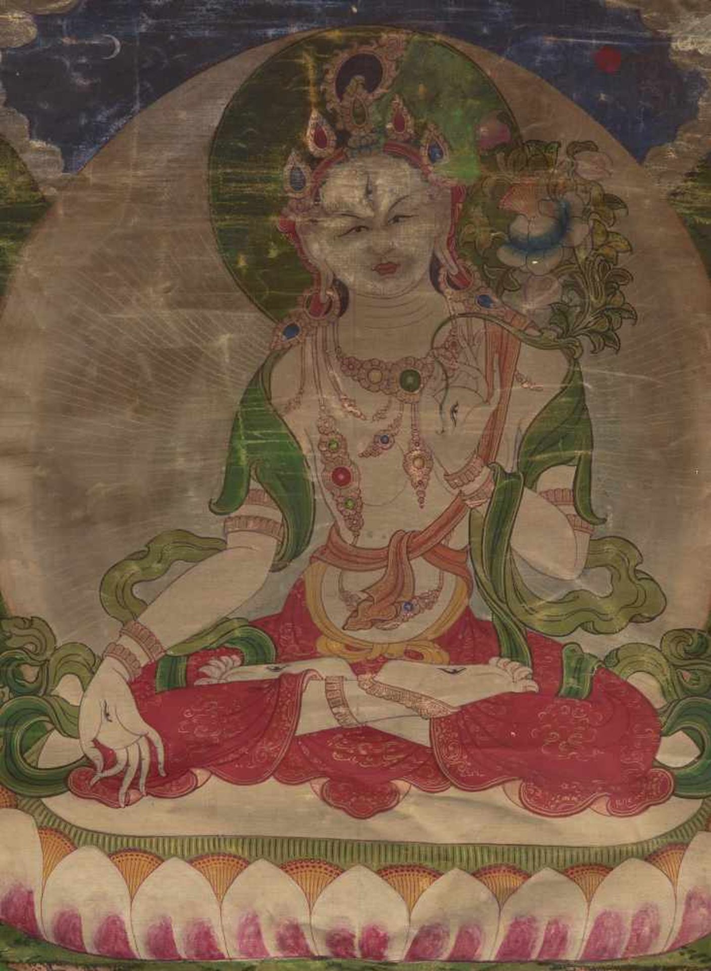 THANGKA DER WEIßEN TARA. Mongolei. 19./20. Jh. Pigmente und Gold auf grundiertem Gewebe. Die Tara