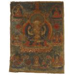 THANGKA DES VIERARMIGEN AVALOKITESHVARA. Bhutan. 18./19. Jh. Pigmente und Metallfarben auf