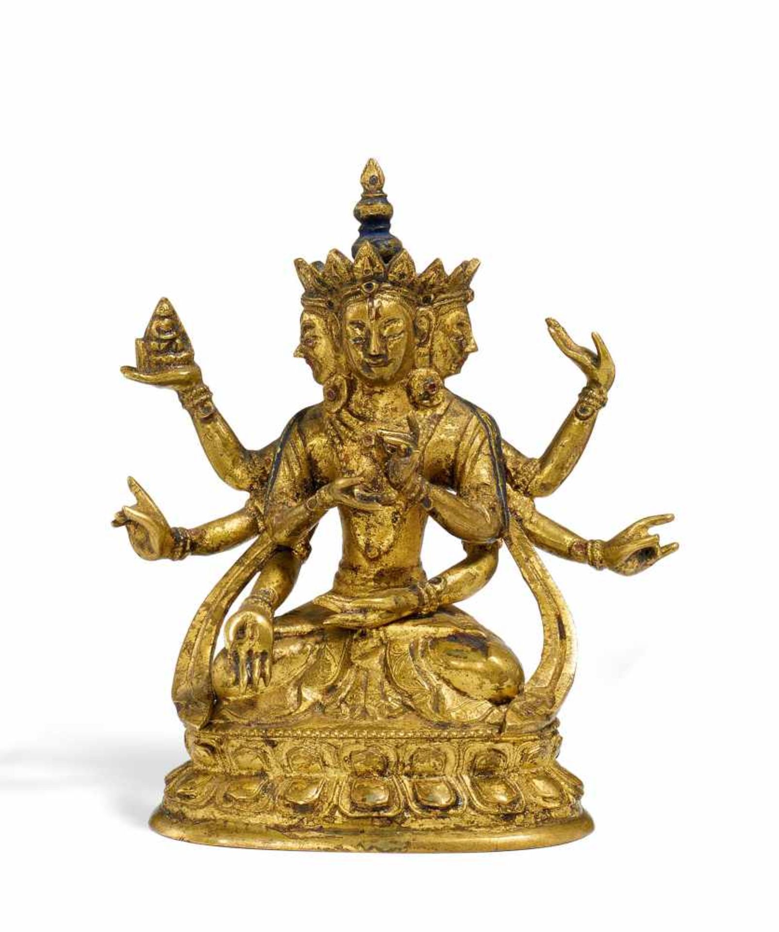 USHNISHAVIJAYA. Tibet. Frühes 19. Jh. Bronze mit Vergoldung und Resten von polychromer Bemalung.