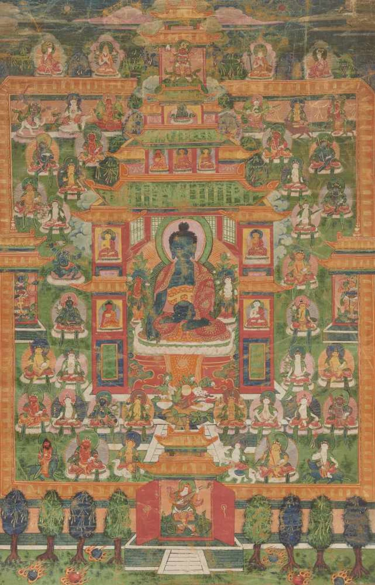 THANGKA DES BHAISAJYAGURU IM PALAST DES ÖSTLICHEN PARADIESES. Mongolei. 18./19. Jh. Pigmente und