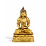 BUDDHA AMITAYUS. Mongolei. 18. Jh. oder später. Kupferbronze mit Feuervergoldung und teils dunkler