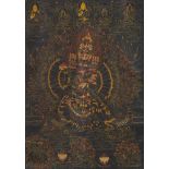 GROßES SCHWARZGRUNDIGES THANGKA DES VAJRABHAIRAVA MIT VAJRA VETALI. Tibet/Nepal. 20. Jh. Blattgold