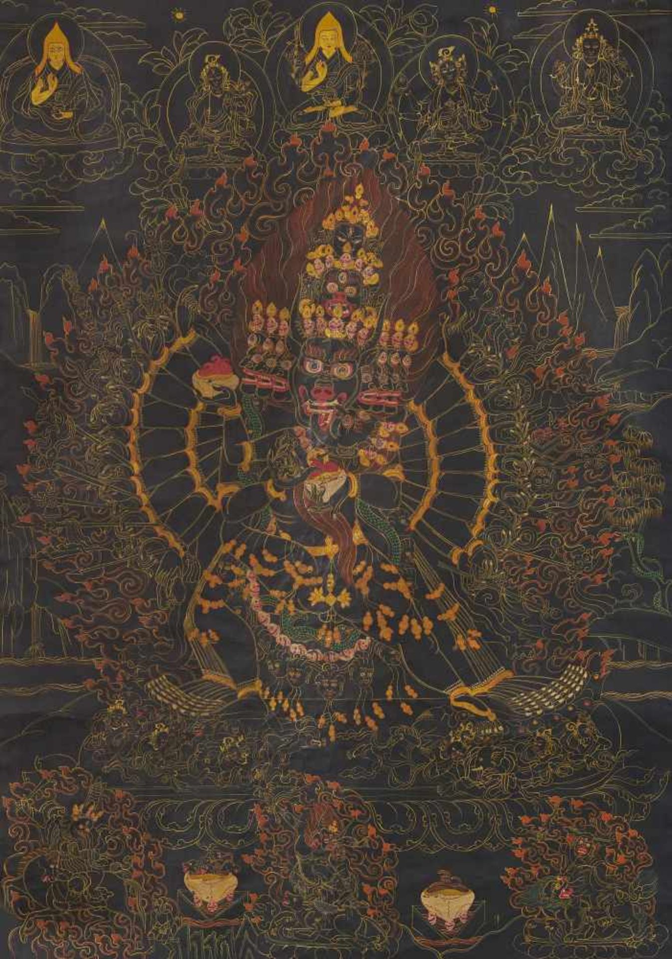 GROßES SCHWARZGRUNDIGES THANGKA DES VAJRABHAIRAVA MIT VAJRA VETALI. Tibet/Nepal. 20. Jh. Blattgold