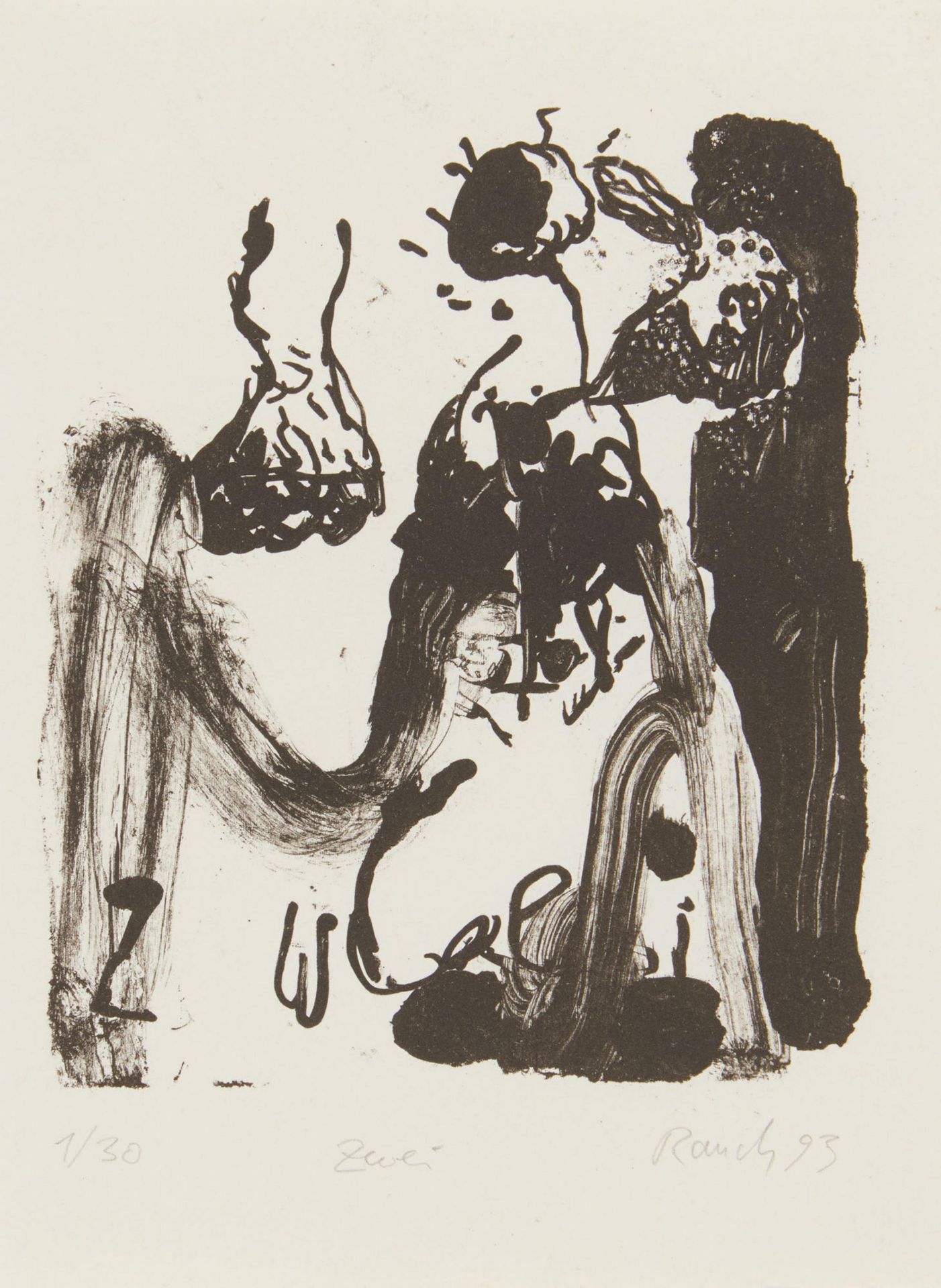 Rauch, Neo1960 Leipzig"Zwei". 1993. Lithografie auf Bütten. Auf Untergrund montiert. 18 x 15cm (23 x