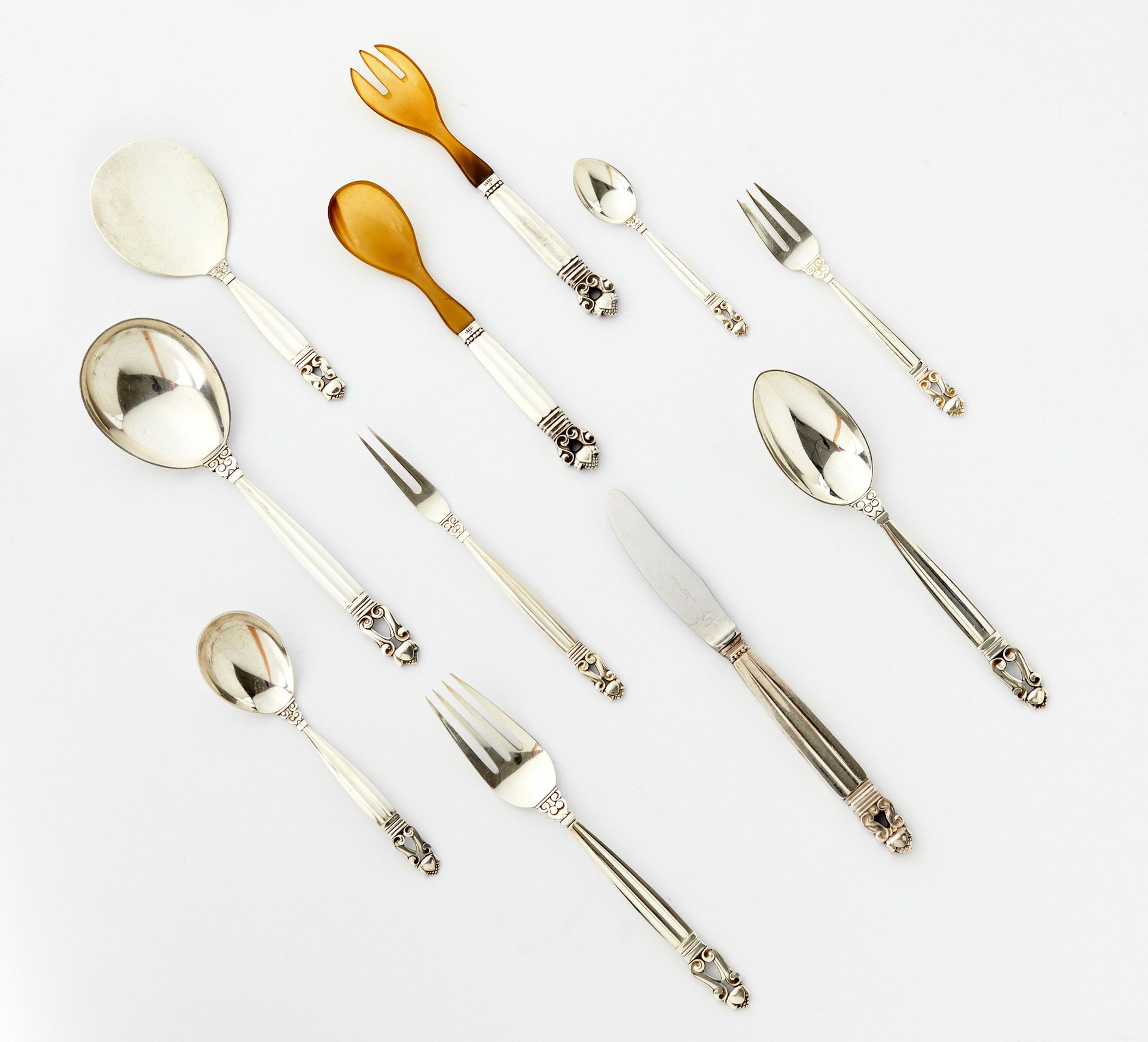 SILVER CUTLERY FOR 6 PERSONS WITH ACORN DECOR. Copenhagen. After 1945. Georg Jensen. Design Johann