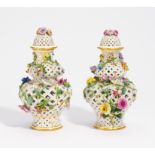 PAIR OF OPEN WORKED PORCELAIN VASES WITH APPLIED FLOWERS. Meissen. Meissen 19th century. Model J.