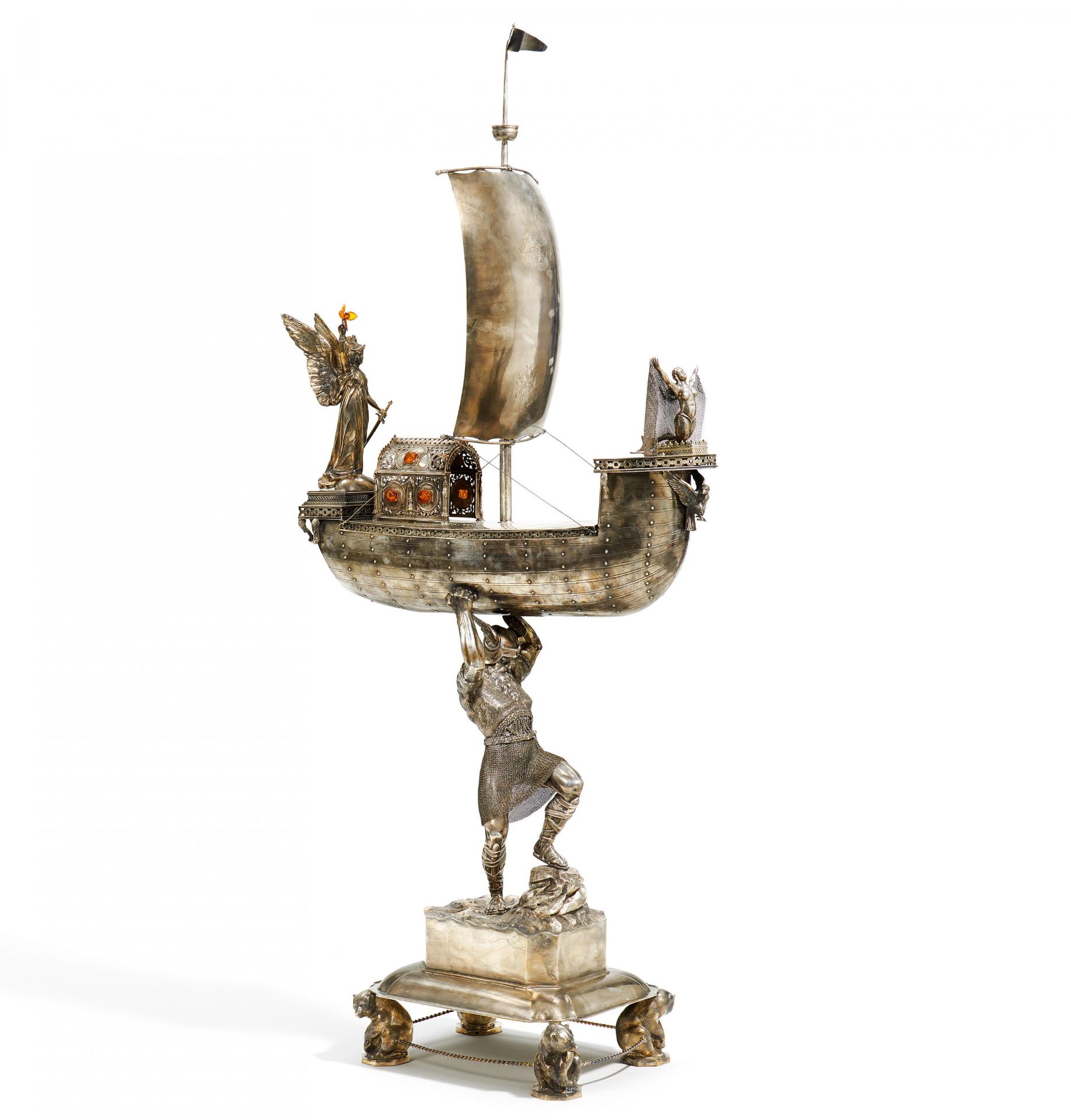 MONUMENTAL SILVER CENTERPIECE DECORATED WITH GEMSTONES IN THE SHAPE OF A SHIP WITH THE COLOGNE